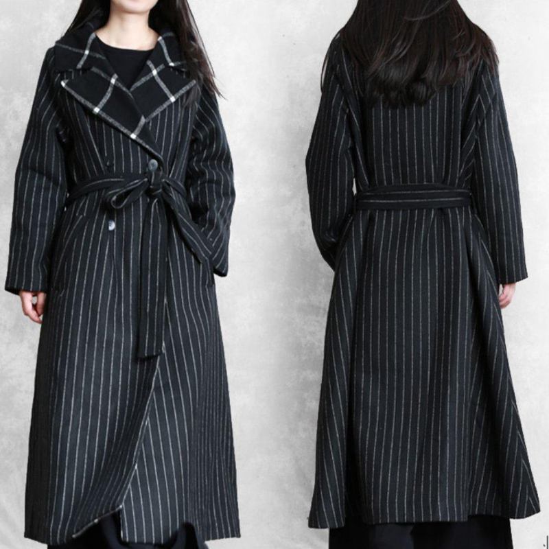 Feiner Schwarz Gestreifter Wollmantel Übergroßer Trenchcoat Gekerbtes Patchwork - Damen-Wollmäntel