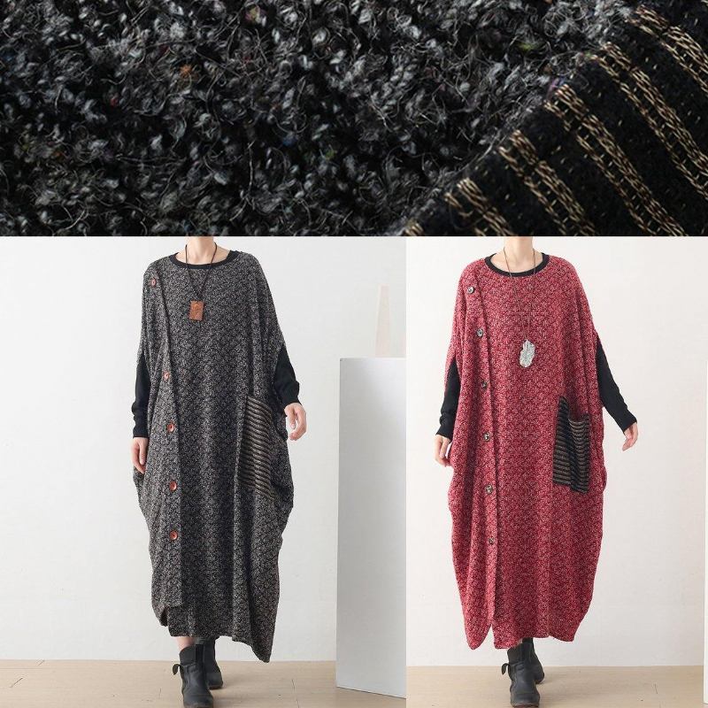 Feines Lässiges Langes Winterkleid Rotes Asymmetrisches O-ausschnitt-wollkleid - Grau