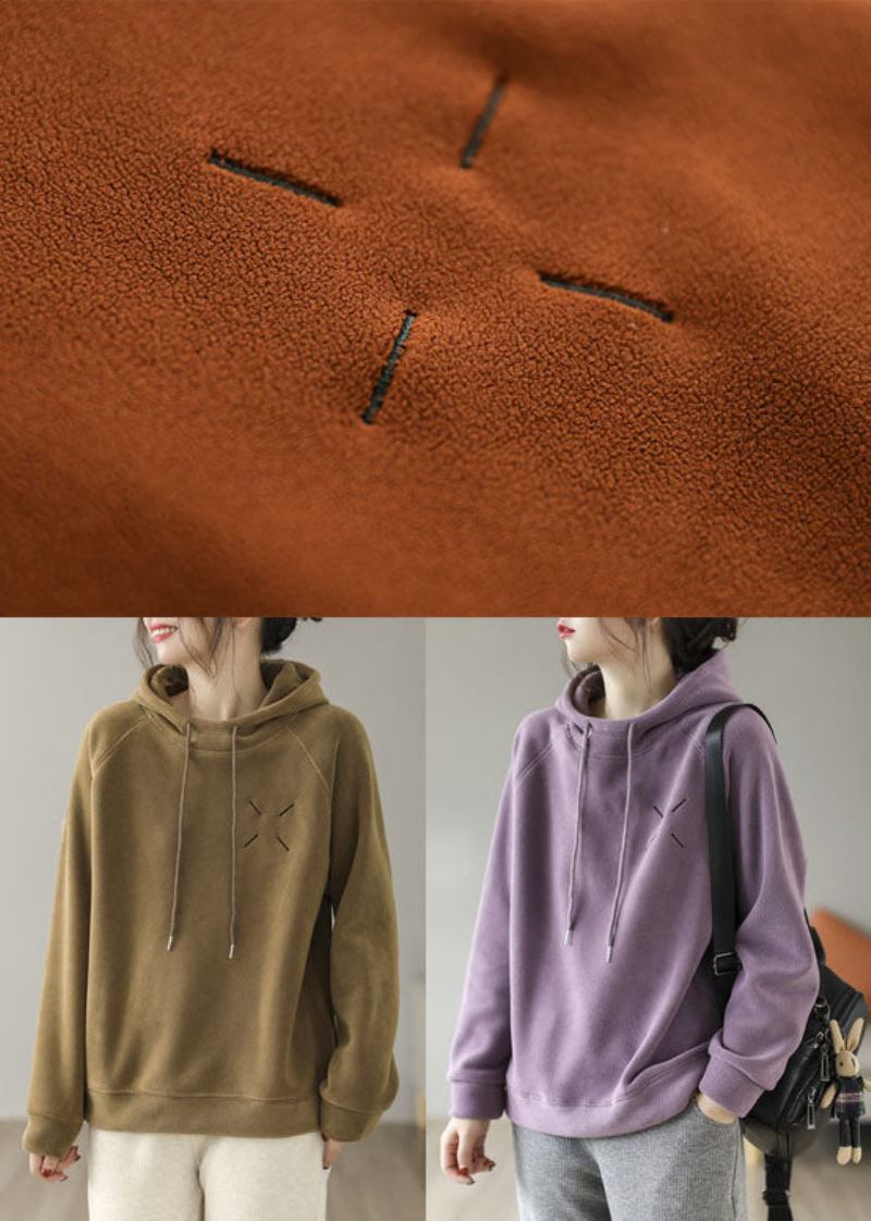 Französisch-lilafarbenes Besticktes Fleece-pullover-sweatshirt Mit Kapuze Wollfutter Frühling - Damen-Wollmäntel