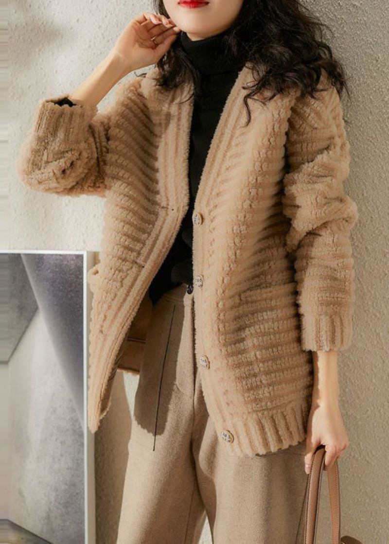 Französische Beige Patchwork-wolljacke Mit V-ausschnitt Und Taschen Für Den Winter - Damen-Wollmäntel