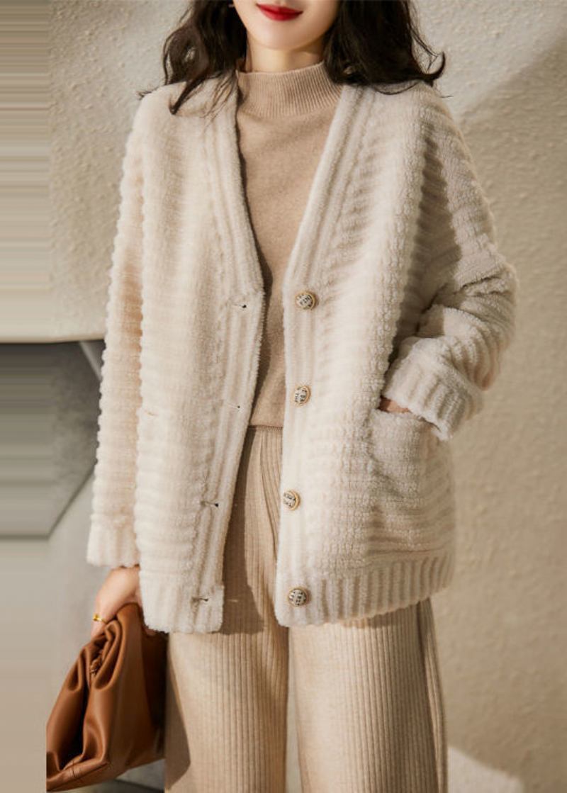 Französische Beige Patchwork-wolljacke Mit V-ausschnitt Und Taschen Für Den Winter - Damen-Wollmäntel