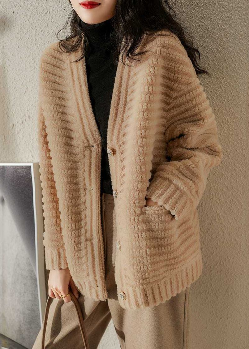 Französische Beige Patchwork-wolljacke Mit V-ausschnitt Und Taschen Für Den Winter - Damen-Wollmäntel