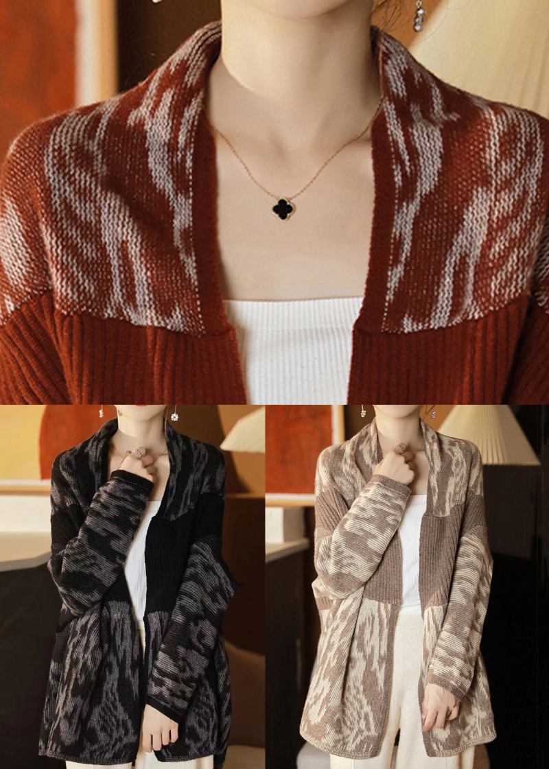 Französische Rote Langärmlige Wollcardigans Mit V-ausschnitt Und Patchwork-muster - Damen-Wollmäntel