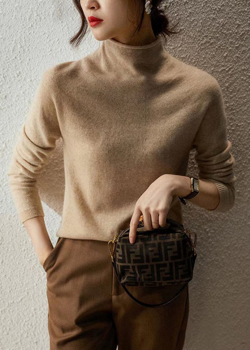 Französische Warme Wollpullover Mit Hohem Halsausschnitt In Beige Für Den Herbst