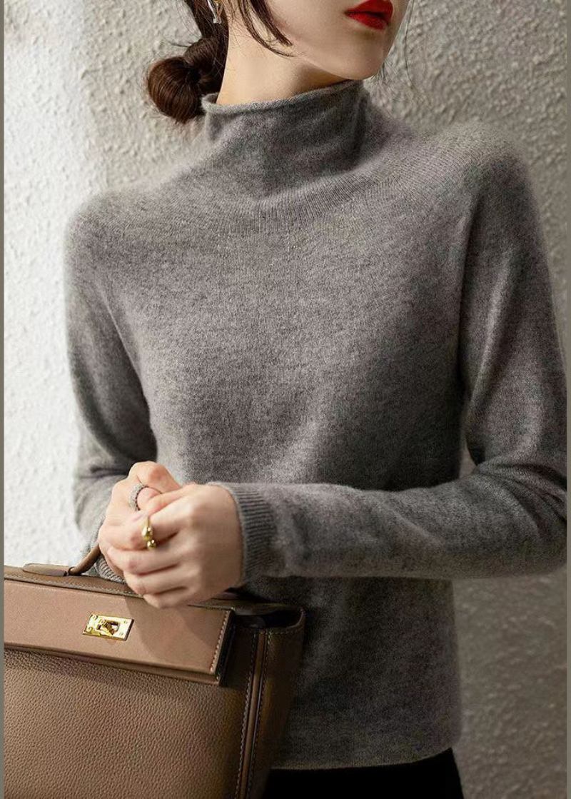 Französische Warme Wollpullover Mit Hohem Halsausschnitt In Beige Für Den Herbst - Damen-Wollmäntel