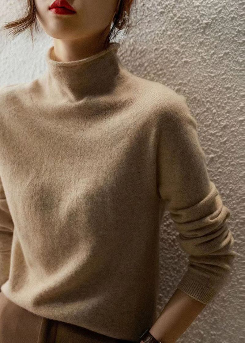 Französische Warme Wollpullover Mit Hohem Halsausschnitt In Beige Für Den Herbst - Damen-Wollmäntel