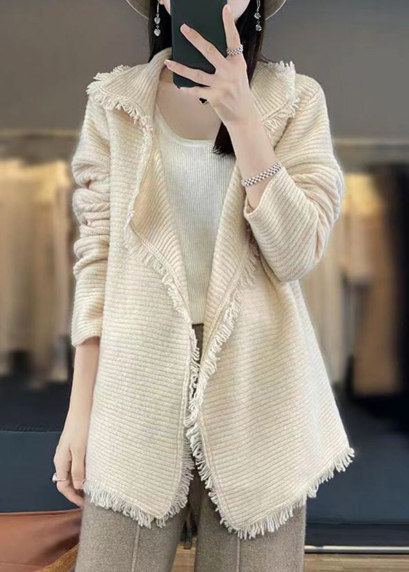 Französischer Beigefarbener Patchwork-woll-cardigan Mit Quasten Für Den Herbst - Damen-Wollmäntel