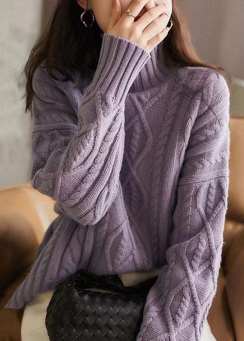 Französischer Lila Patchwork-wollpullover Mit Hohem Kragen Und Zopfmuster Winter - Damen-Wollmäntel