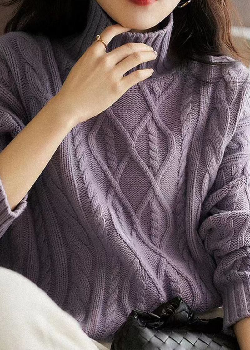 Französischer Lila Patchwork-wollpullover Mit Hohem Kragen Und Zopfmuster Winter - Damen-Wollmäntel