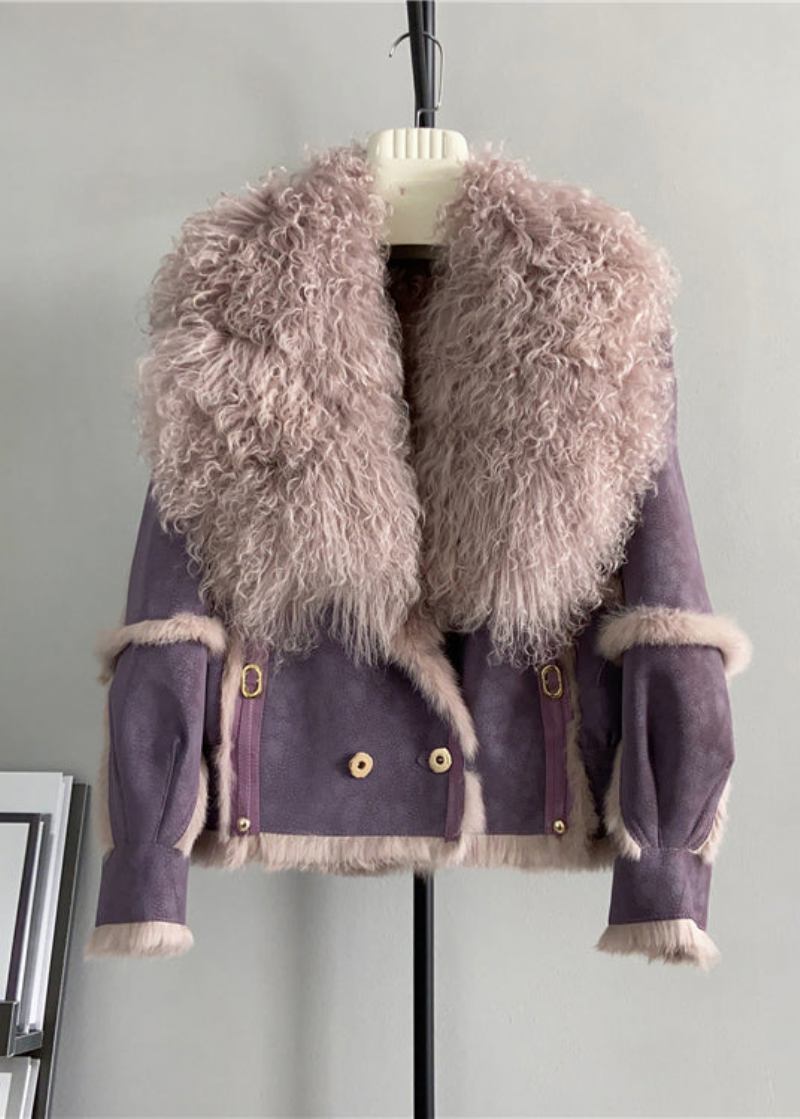 Französischer Lila Wollmantel Mit Patchwork-leder- Und Pelzkragen Für Den Winter