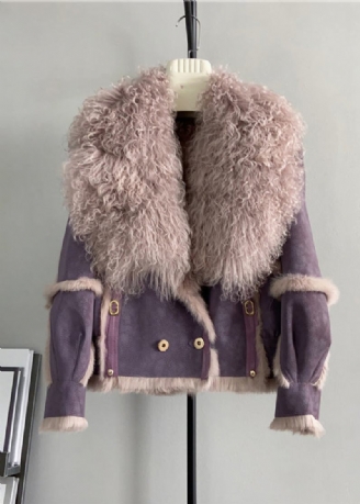 Französischer Lila Wollmantel Mit Patchwork-leder- Und Pelzkragen Für Den Winter