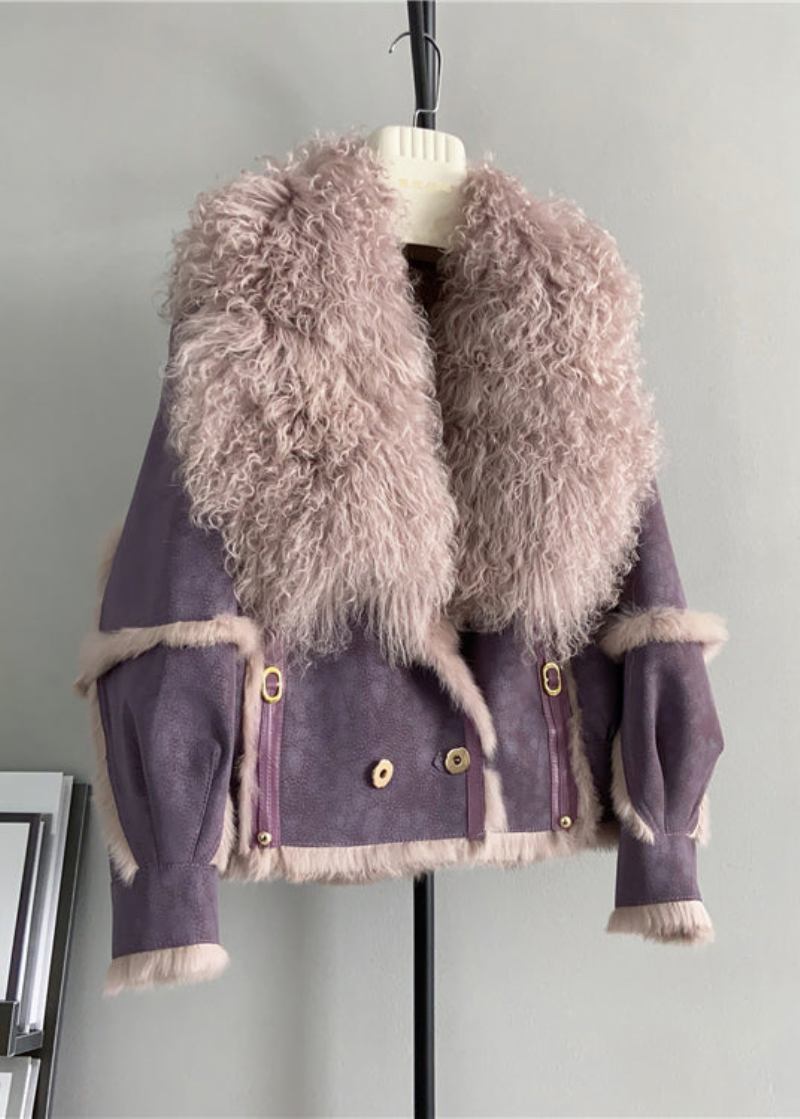 Französischer Lila Wollmantel Mit Patchwork-leder- Und Pelzkragen Für Den Winter - Damen-Wollmäntel