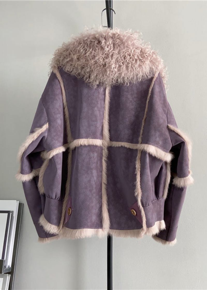 Französischer Lila Wollmantel Mit Patchwork-leder- Und Pelzkragen Für Den Winter - Damen-Wollmäntel