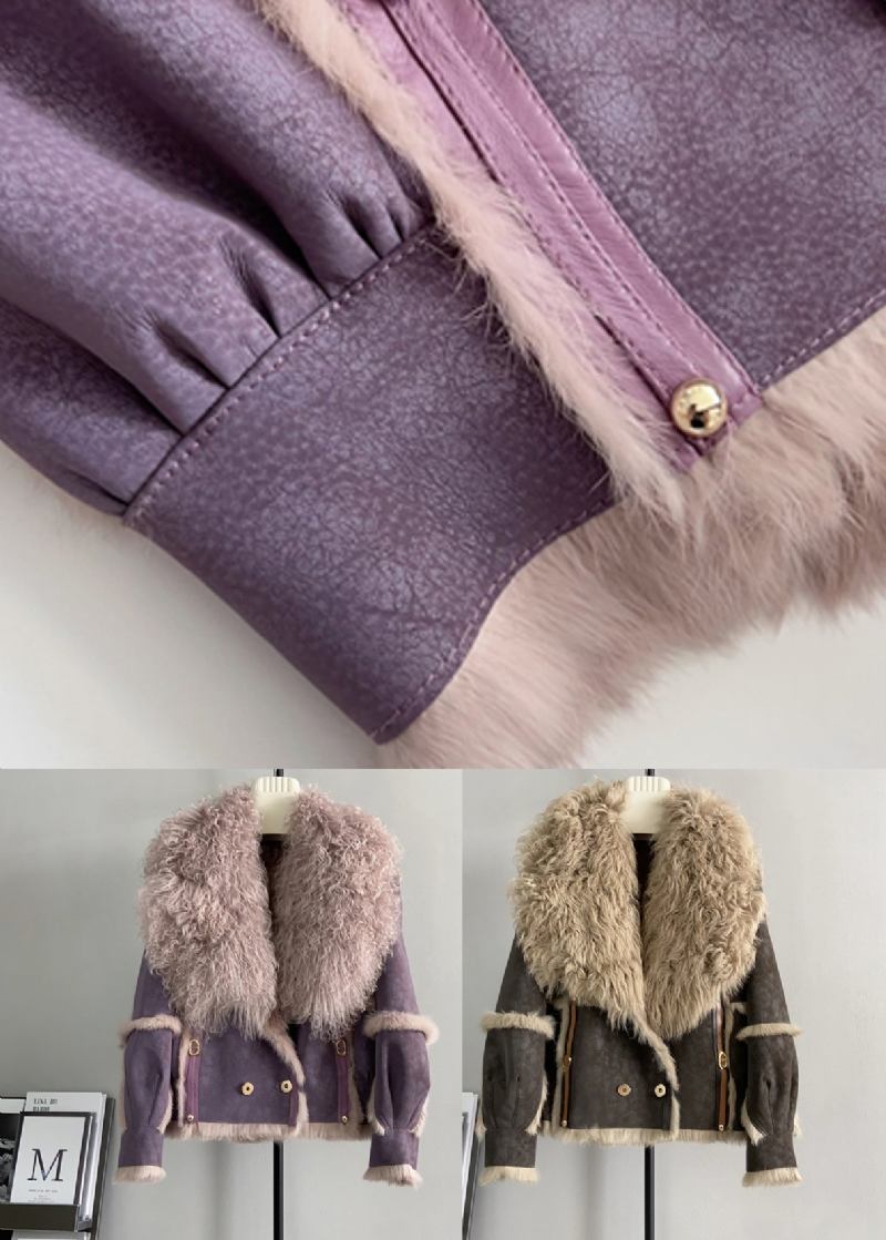 Französischer Lila Wollmantel Mit Patchwork-leder- Und Pelzkragen Für Den Winter - Damen-Wollmäntel