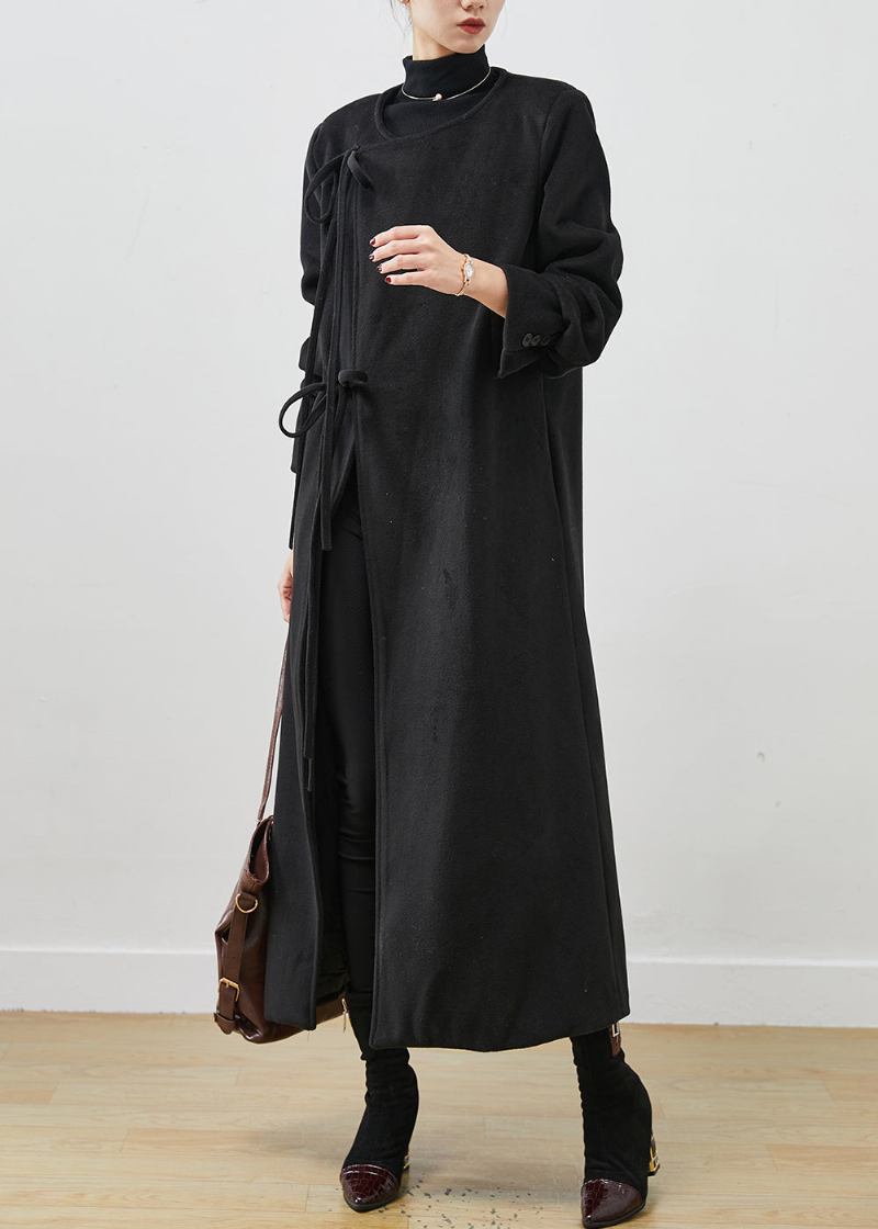 Französischer Schwarzer Woll-trenchcoat Mit Schnürung Frühling - Damen-Wollmäntel