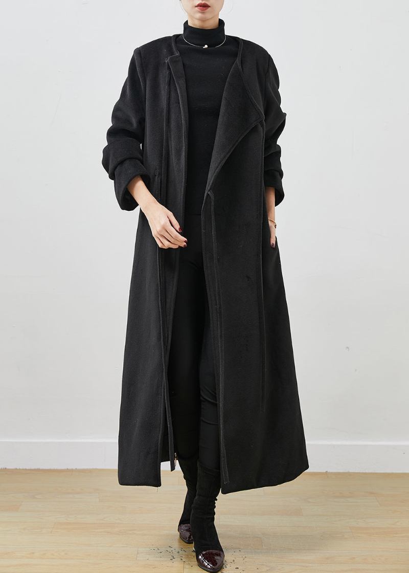 Französischer Schwarzer Woll-trenchcoat Mit Schnürung Frühling - Damen-Wollmäntel