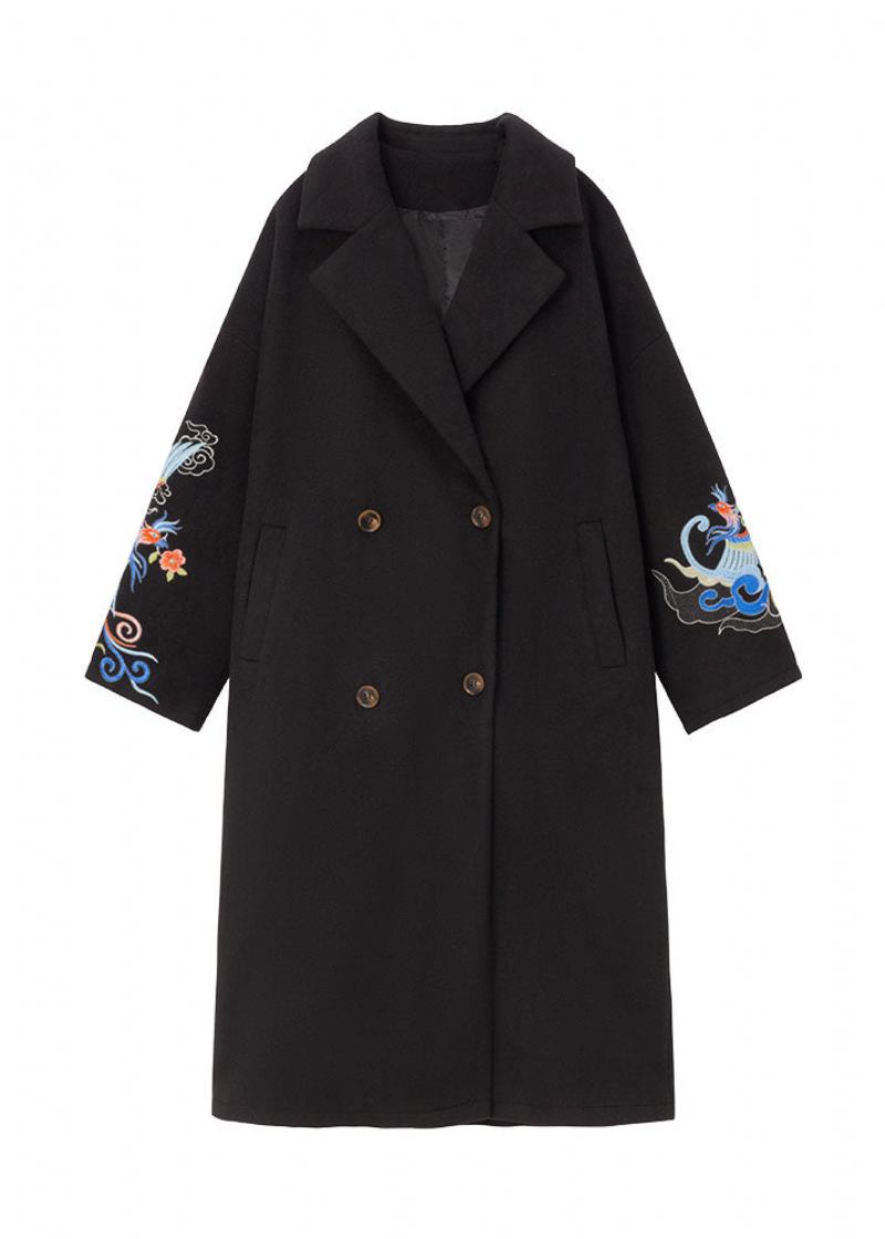 Französischer Schwarzer Wolltrenchcoat Mit Bestickten Taschen Winter - Damen-Wollmäntel