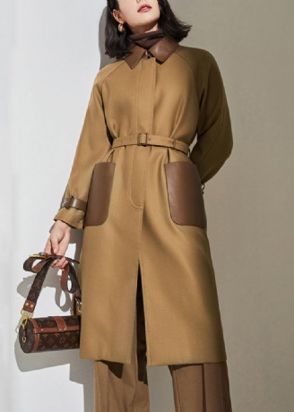 Französischer Wolltrenchcoat Mit Knopfleiste Und Taillentaschen In Kamelfarbe Herbst