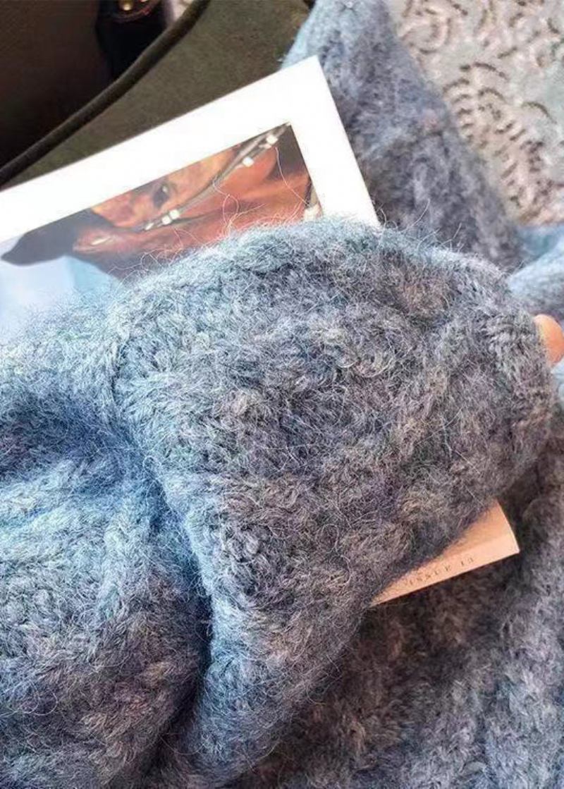 Gemütlicher Blauer Patchwork-pullover Aus Wolle Mit V-ausschnitt Und Taschen Für Den Herbst - Damen-Wollmäntel