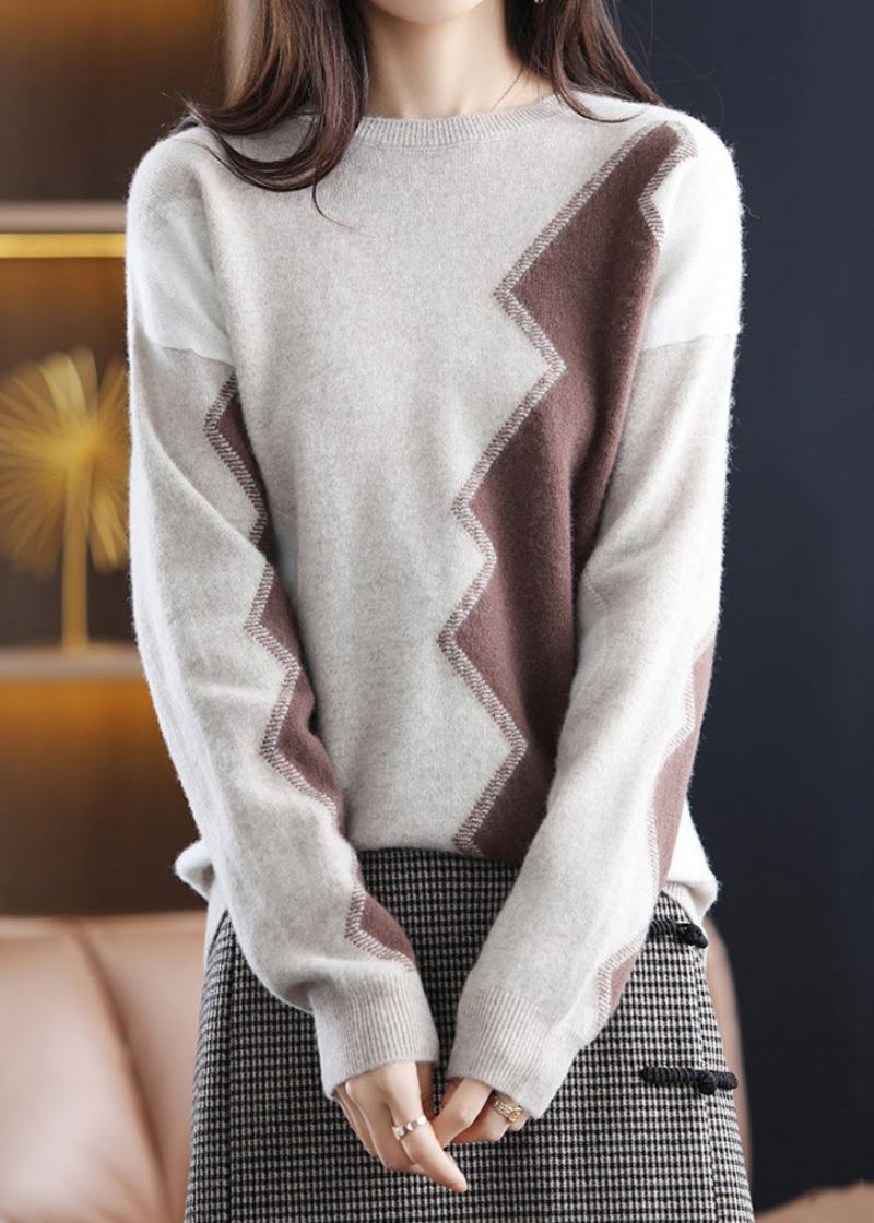 Grauer Asymmetrischer Patchwork-wollpullover Für Damen Mit Rundhalsausschnitt Für Den Herbst