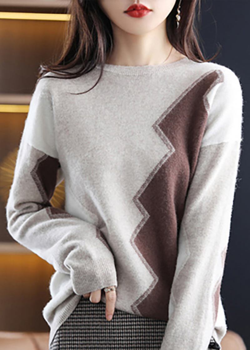 Grauer Asymmetrischer Patchwork-wollpullover Für Damen Mit Rundhalsausschnitt Für Den Herbst - Damen-Wollmäntel