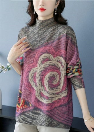 Grauer Kurzärmliger Wollstrickpullover Mit Hohem Kragen Und Print Für Damen Für Den Winter