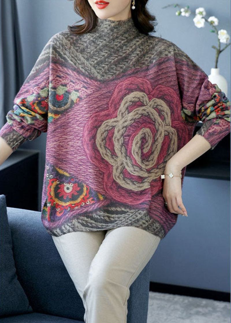 Grauer Kurzärmliger Wollstrickpullover Mit Hohem Kragen Und Print Für Damen Für Den Winter - Damen-Wollmäntel