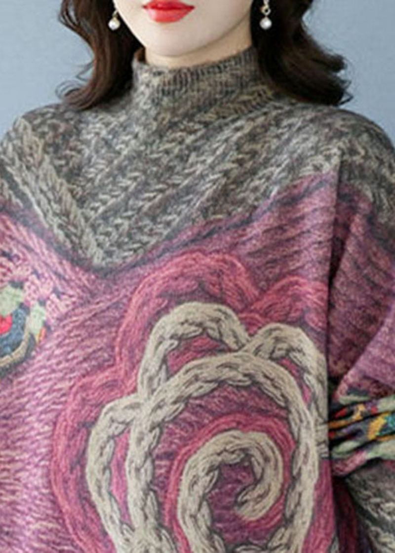 Grauer Kurzärmliger Wollstrickpullover Mit Hohem Kragen Und Print Für Damen Für Den Winter - Damen-Wollmäntel