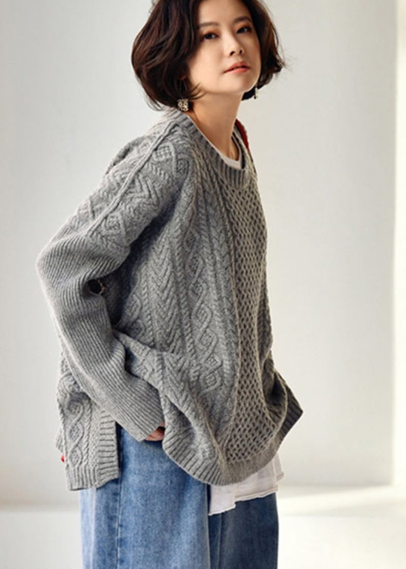 Grauer Vintage-wollpullover Mit Rundhalsausschnitt Und Seitlich Offener Strickware Für Den Herbst - Damen-Wollmäntel