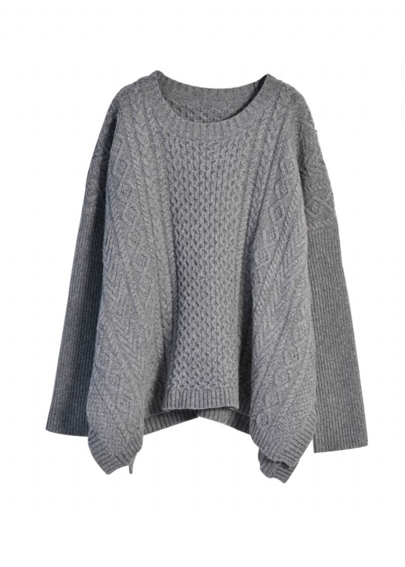 Grauer Vintage-wollpullover Mit Rundhalsausschnitt Und Seitlich Offener Strickware Für Den Herbst - Damen-Wollmäntel