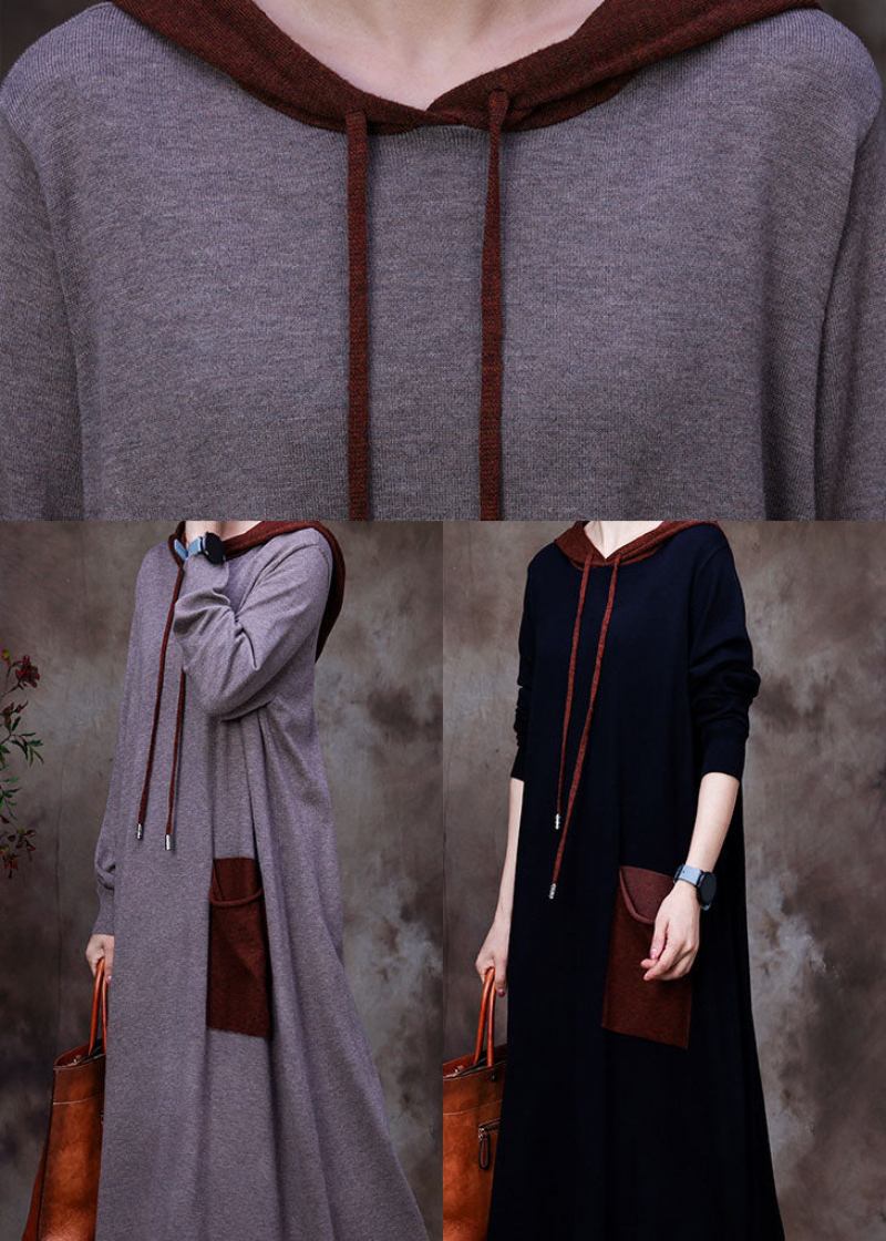 Graues Woll-sweatshirtkleid Mit Kapuze Und Taschen Für Den Winter - Schwarz