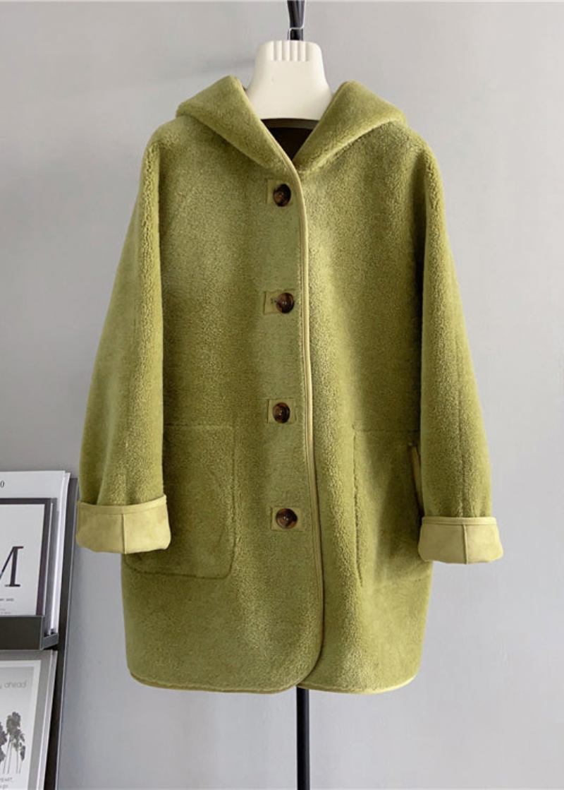 Grüne Wolljacke Mit Kapuze Für Den Winter Beidseitig Tragbar - Damen-Wollmäntel