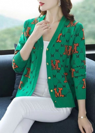 Grüner Jacquard-patchwork-wollcardigan Mit V-ausschnitt Für Den Herbst