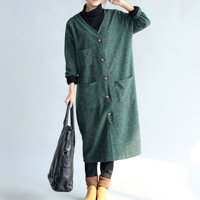 Grüner Langer Vintage-parka-mantel Für Damen In Übergröße Trenchcoat Aus Wolle Mit V-ausschnitt Und Langen Strickjacken