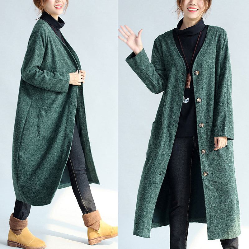 Grüner Langer Vintage-parka-mantel Für Damen In Übergröße Trenchcoat Aus Wolle Mit V-ausschnitt Und Langen Strickjacken - Damen-Wollmäntel