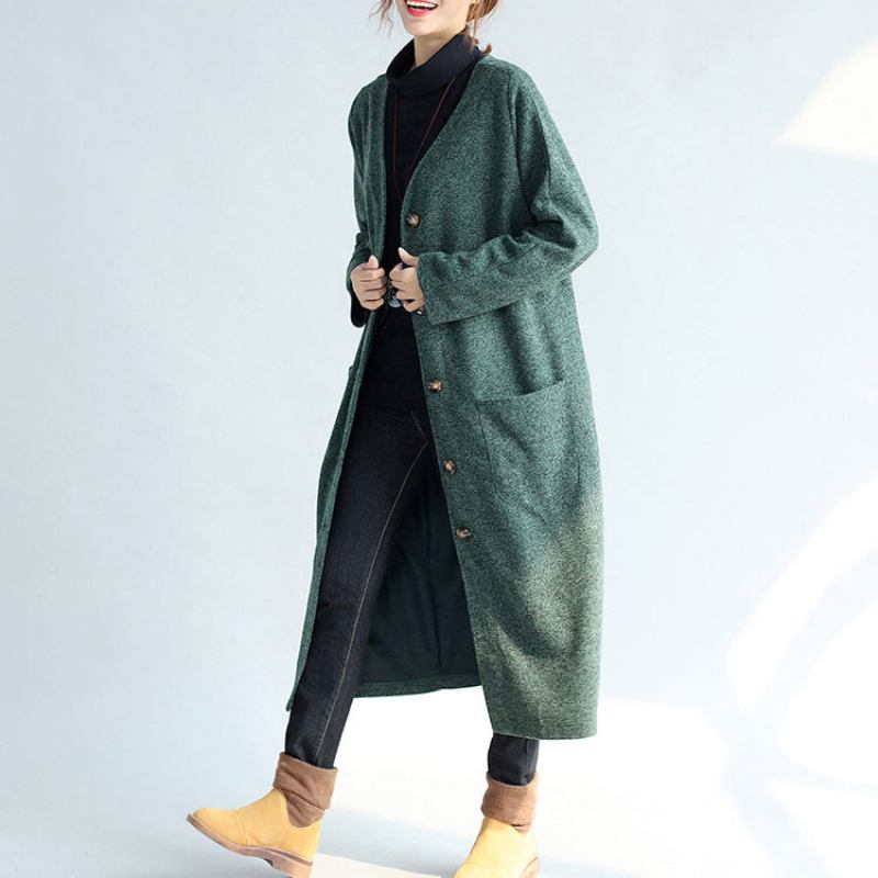 Grüner Langer Vintage-parka-mantel Für Damen In Übergröße Trenchcoat Aus Wolle Mit V-ausschnitt Und Langen Strickjacken - Damen-Wollmäntel