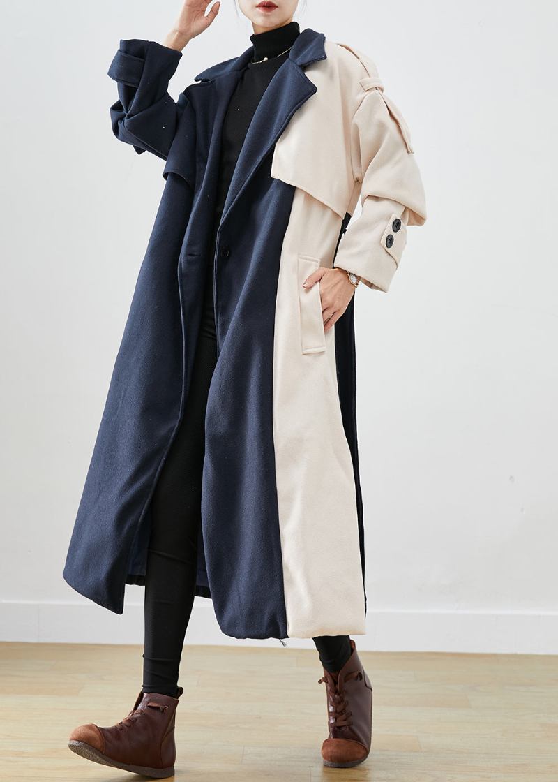 Handgefertigte Asymmetrische Marineblaue Trenchcoats Aus Wolle Im Patchwork-stil Für Den Herbst