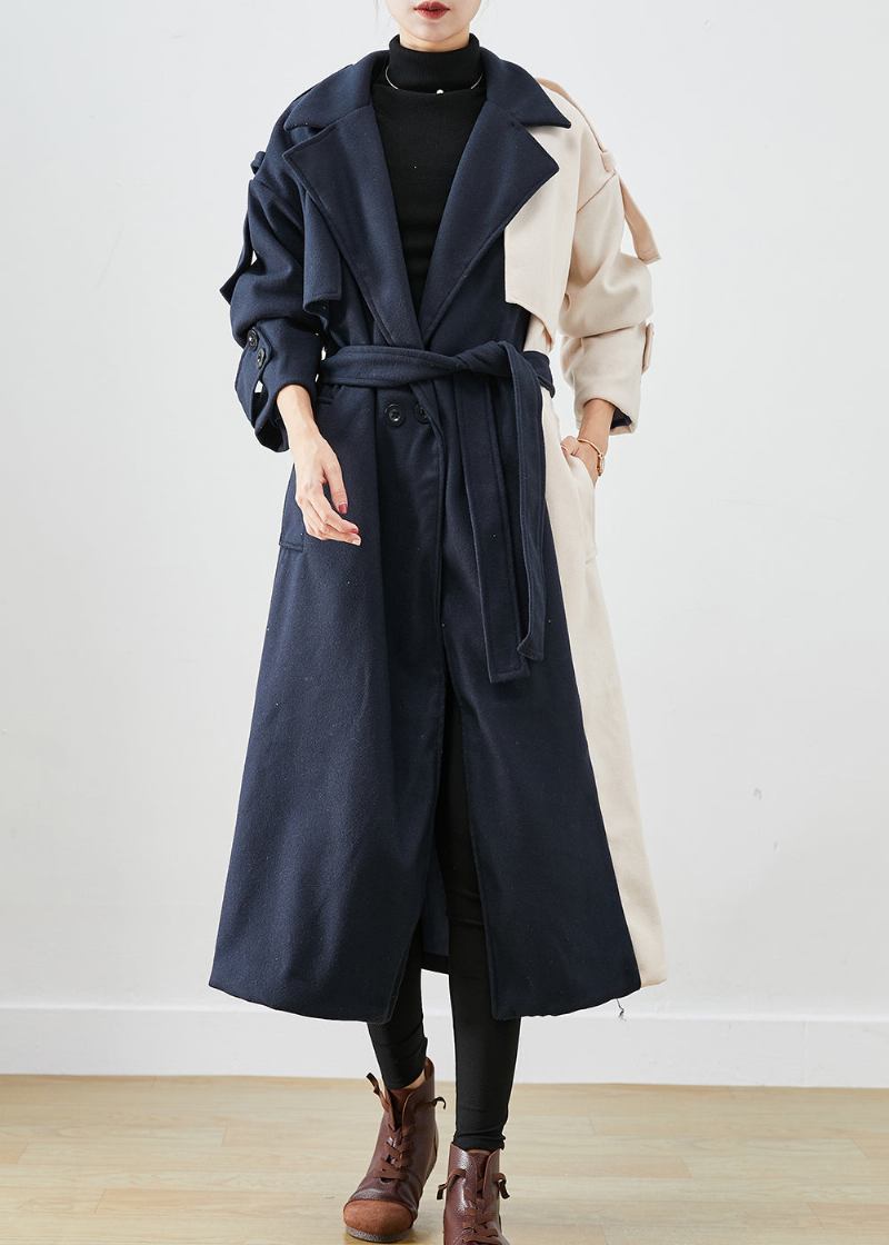 Handgefertigte Asymmetrische Marineblaue Trenchcoats Aus Wolle Im Patchwork-stil Für Den Herbst - Damen-Wollmäntel