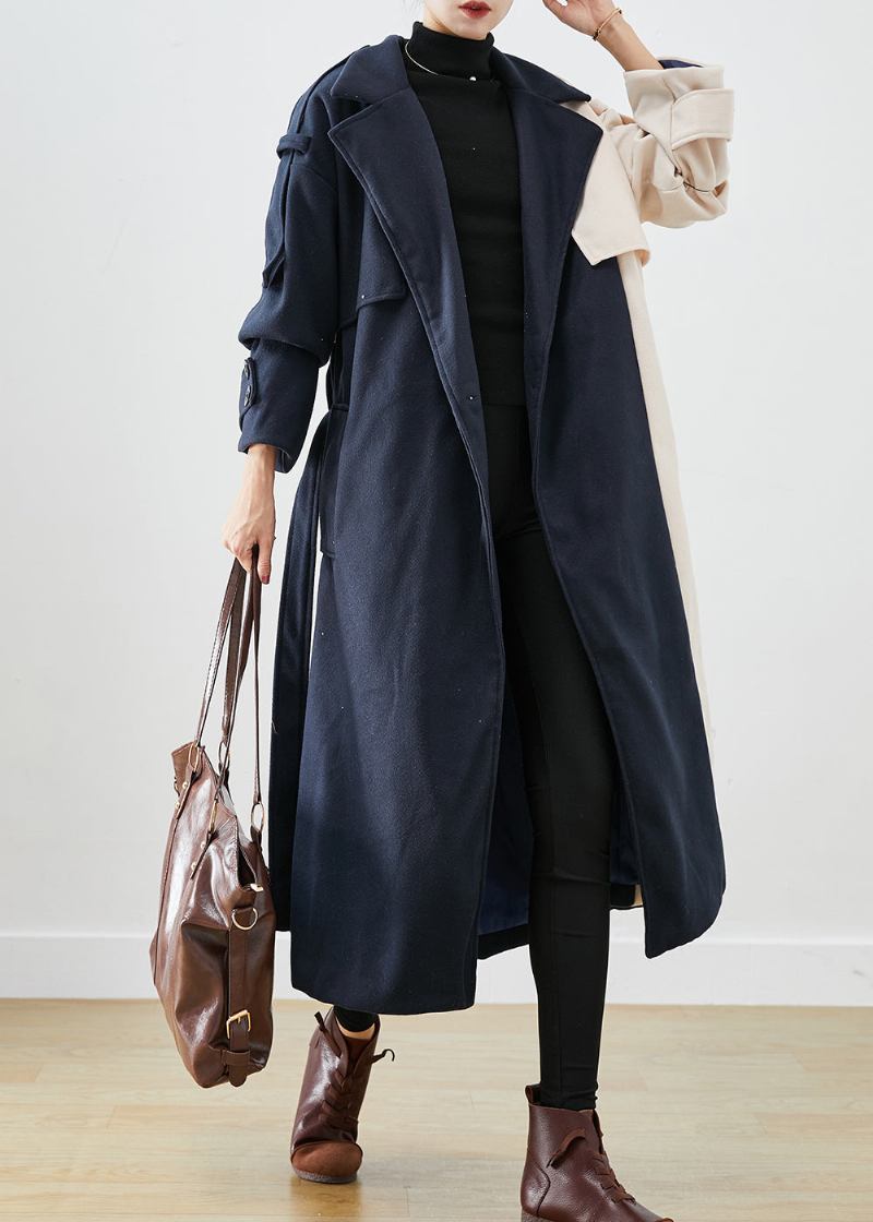 Handgefertigte Asymmetrische Marineblaue Trenchcoats Aus Wolle Im Patchwork-stil Für Den Herbst - Damen-Wollmäntel