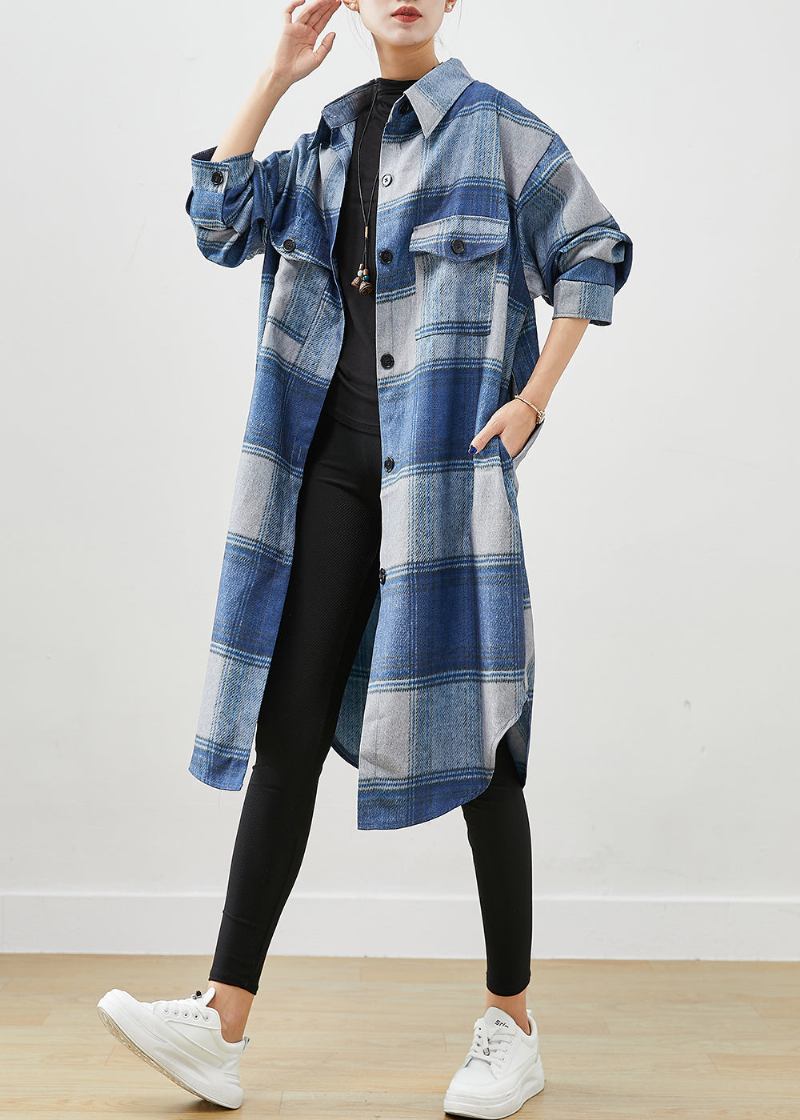 Handgefertigter Blau Karierter Wollmantel Mit Trenchcoat Für Den Herbst - Damen-Wollmäntel