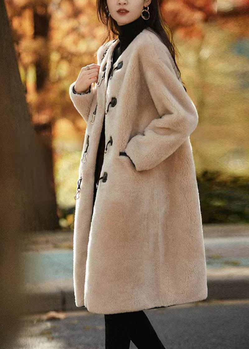 Hellbrauner Patchwork-woll-trenchcoat Mit Taschen Und Knopfleiste O-ausschnitt Winter - Damen-Wollmäntel