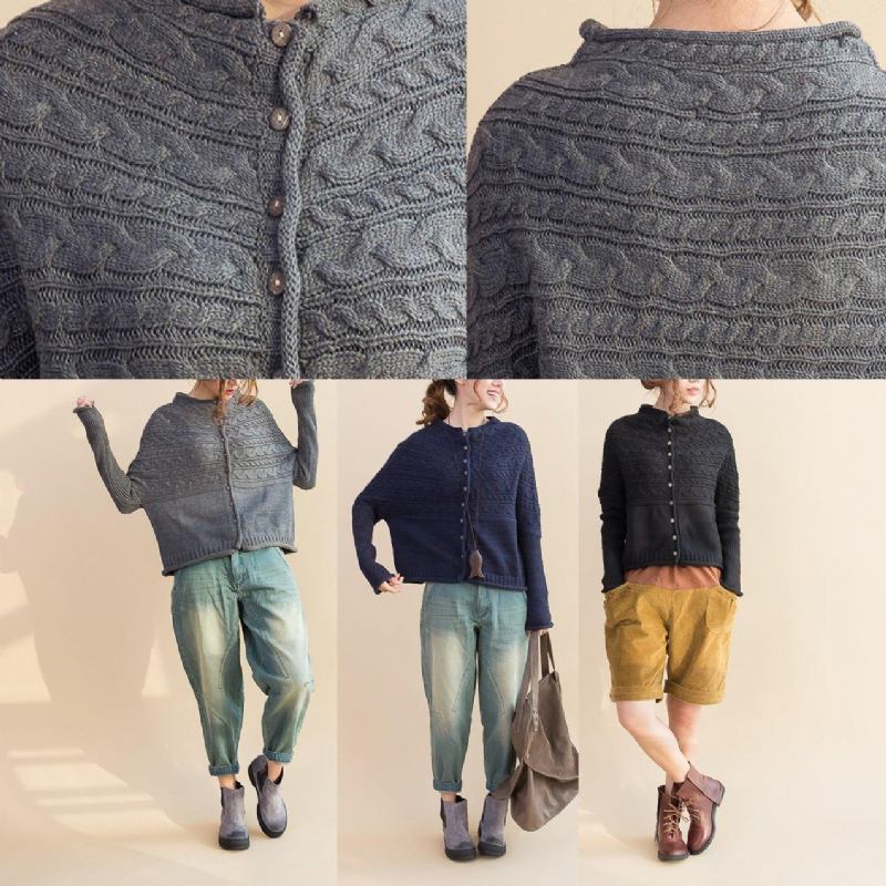 Herbst 2024. Schwarzer Wollpullover Mit Zopfmuster Lockere Passform Lässige Pullover - Damen-Wollmäntel