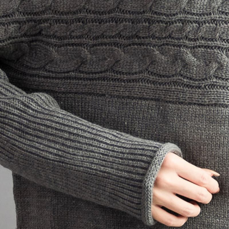 Herbst Dicke Graue Wollpullover Mit Zopfmuster Klobige Übergroße Lässige Warme Strickoberteile - Damen-Wollmäntel