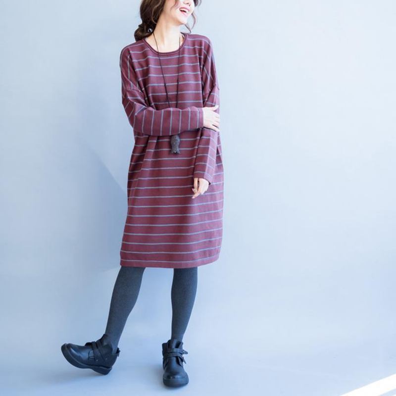 Herbst Neue Rot Gestreifte Wollmischpulloverkleider Lockeres Lässiges O-ausschnitt-strickpulloverkleid - Grau