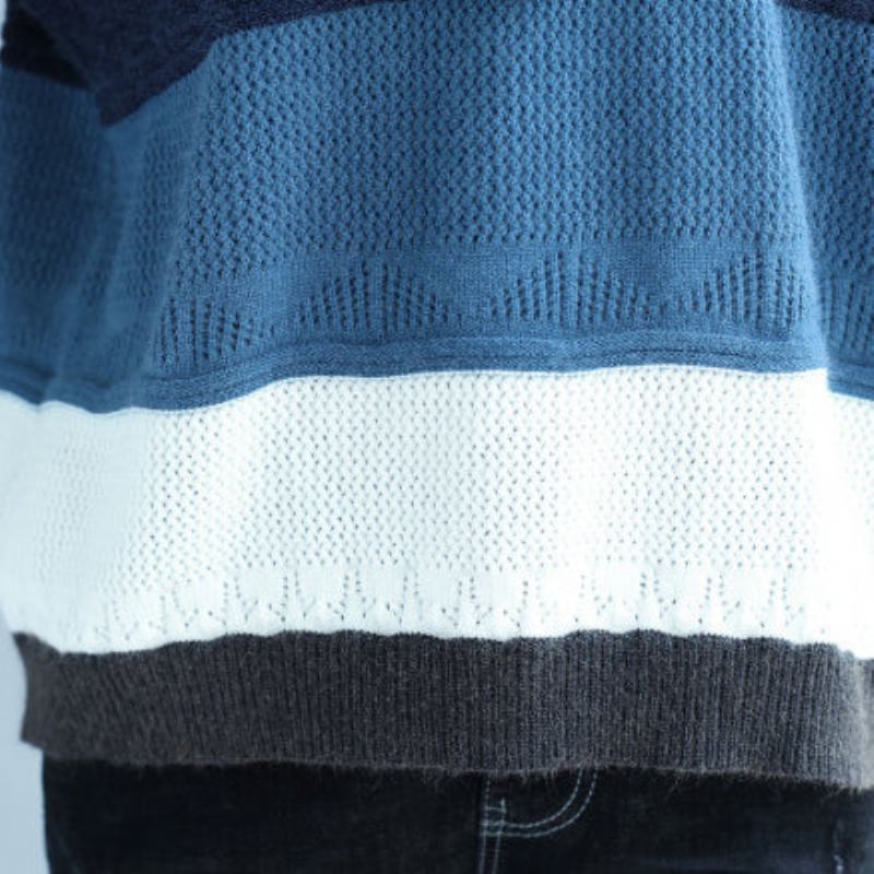 Herbst-winter-patchwork-wollstrickoberteile In Übergröße Lässiger Blaugrau Gestreifter Pullover - Damen-Wollmäntel