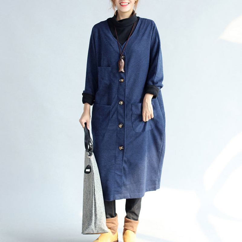 Herbst-winter Warme Dunkelblaue Baumwoll-trenchcoats Weite Woll-strickjacken Mit Taschen Und V-ausschnitt - Damen-Wollmäntel