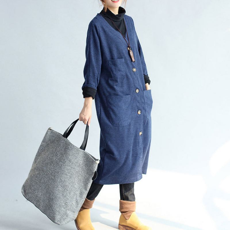 Herbst-winter Warme Dunkelblaue Baumwoll-trenchcoats Weite Woll-strickjacken Mit Taschen Und V-ausschnitt - Damen-Wollmäntel