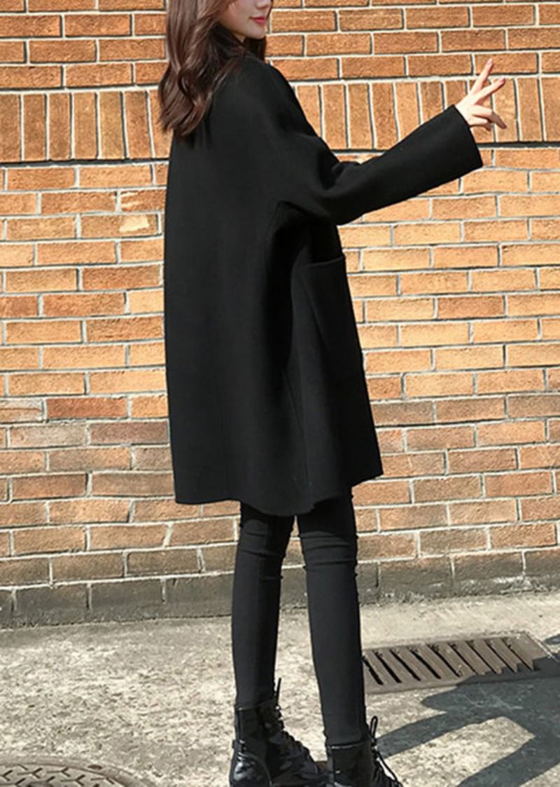 Italienische Schwarze Patchwork-wolljacke Mit Peter-pan-kragen Und Taschen Für Den Herbst - Damen-Wollmäntel