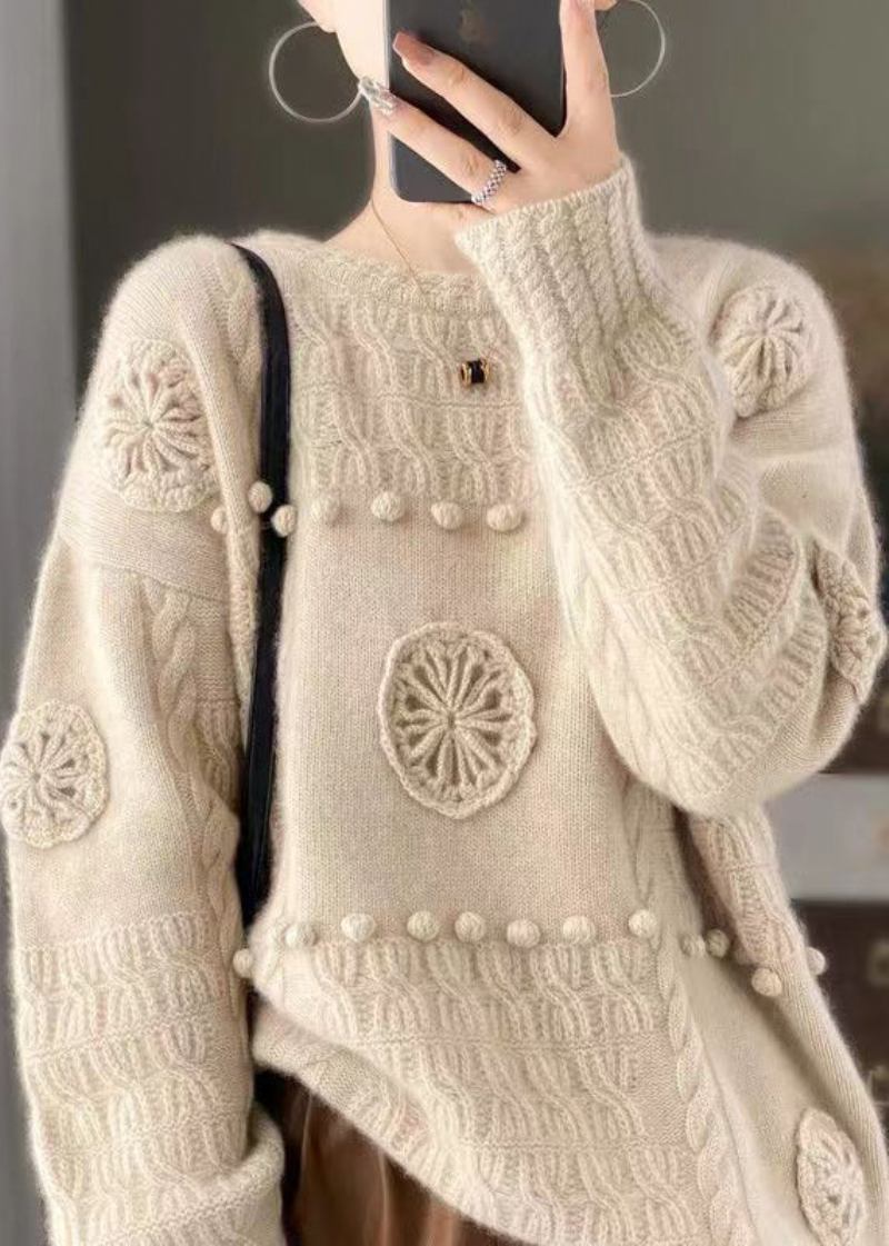 Italienische Weiße Wollpullover Mit Haken- Und Blumenstickerei Frühling - Damen-Wollmäntel