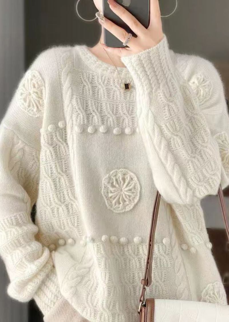 Italienische Weiße Wollpullover Mit Haken- Und Blumenstickerei Frühling - Damen-Wollmäntel